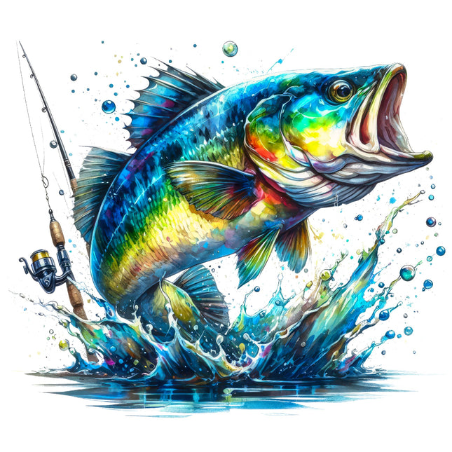 Colorful illustration of a fish leaping out of water quilt panel