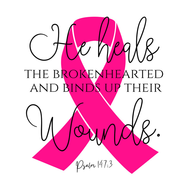 Bible Verse Psalm 147:3 Pink Ribbon 100% Cotton Fabric Panel Block AB704