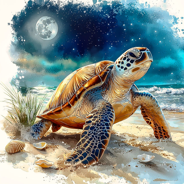 Tortoise on a beach with ocean and moon fabric panel