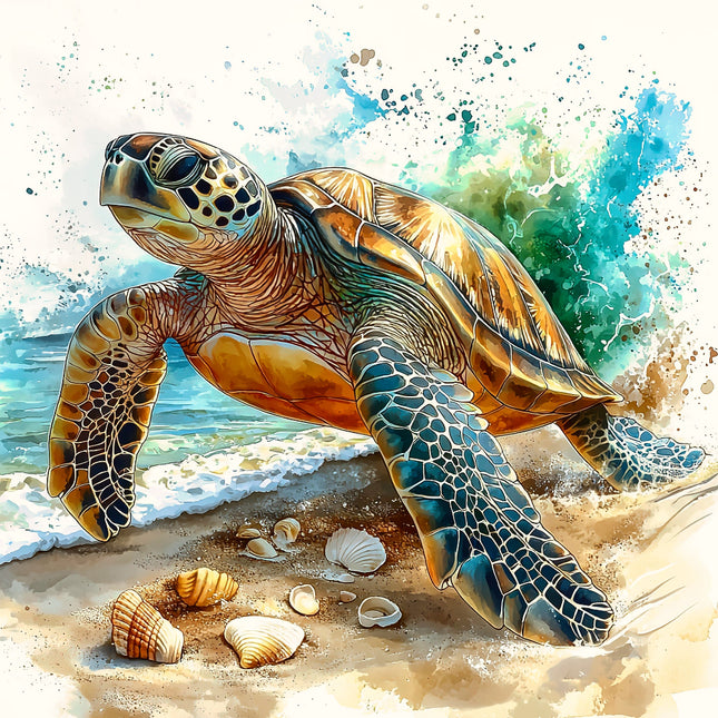 Illustration of a sea turtle on a beach with shells and water splashes fabric panel