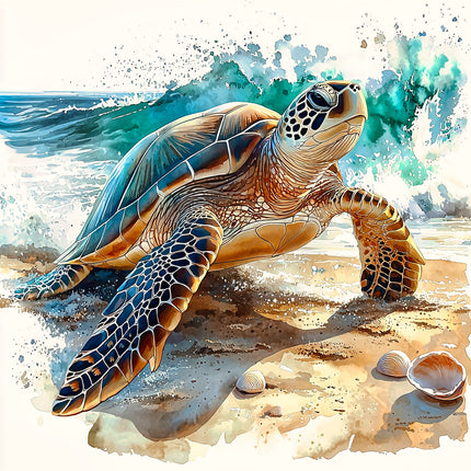 Illustration of a turtle on a beach with ocean waves in the background FABRIC PANEL