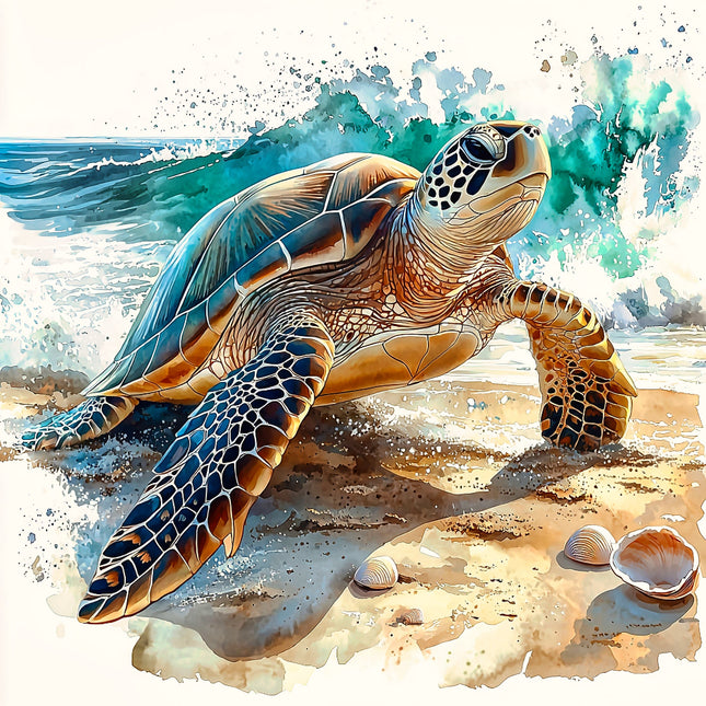 Illustration of a turtle on a beach with ocean waves in the background FABRIC PANEL