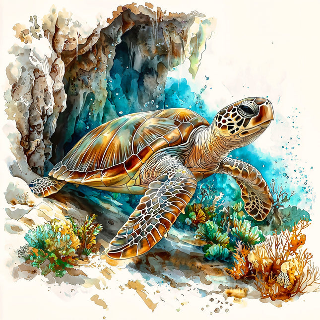 Colorful illustration of a turtle in an underwater scene with coral and rocks fabric panel