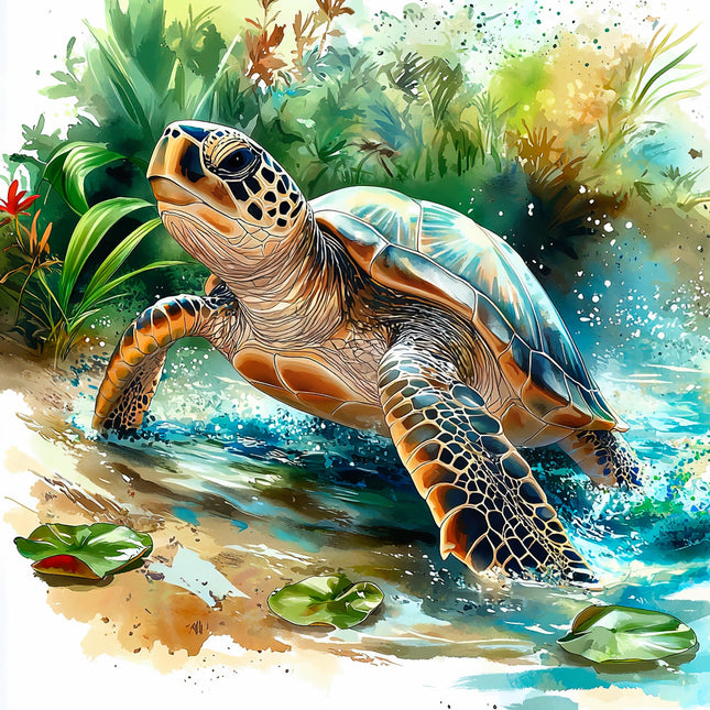 Colorful illustration of a turtle in a natural setting with plants and water fabric panel