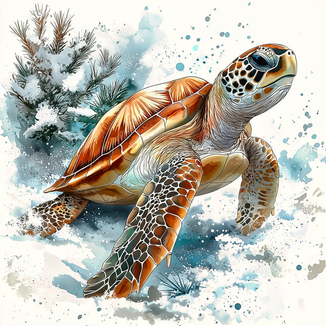Colorful illustration of a turtle with a snowy background fabric panel