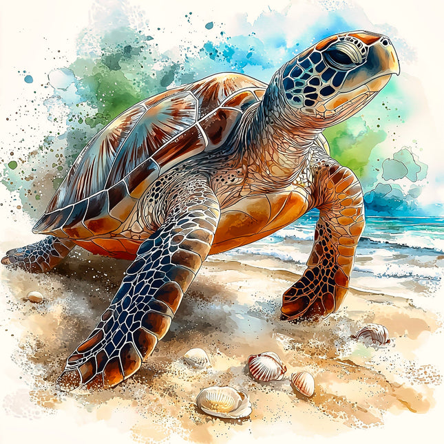 Colorful illustration of a sea turtle on a beach with shells and water in the background fabric panel