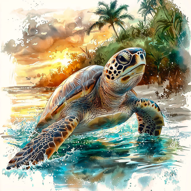 Tortoise swimming in water with a tropical background fabric panel
