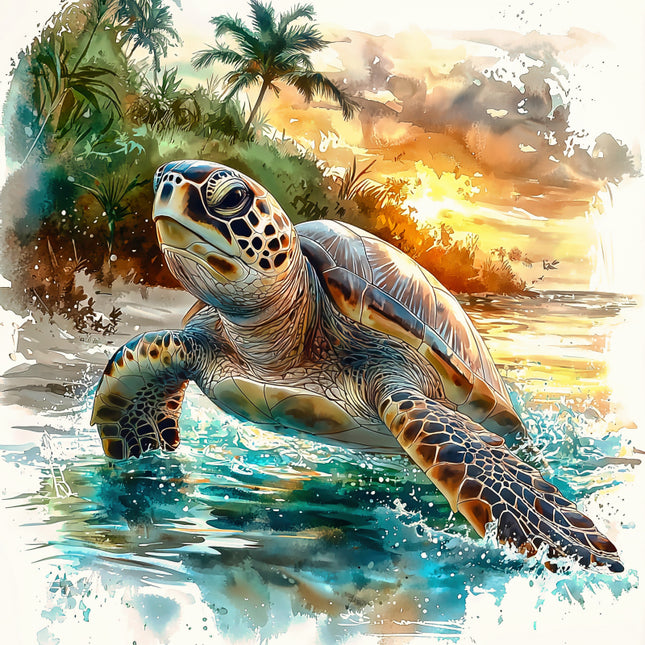 turtle swimming in water with a sunset and palm trees quilt panel