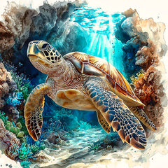 Colorful illustration of a sea turtle swimming among coral and rocks underwater.