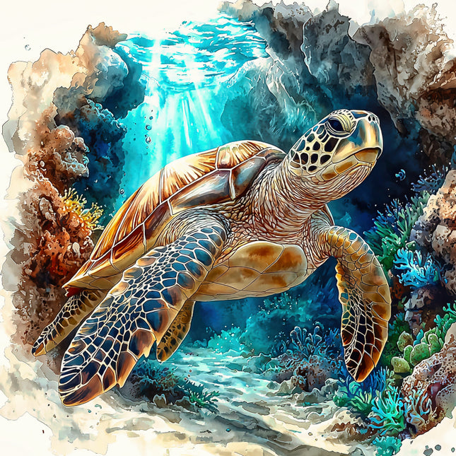 sea turtle swimming among coral quilt panel