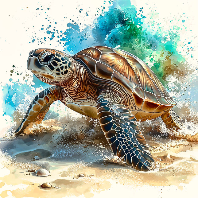 Colorful illustration of a turtle emerging from water onto sand with abstract watercolor background fabric panel