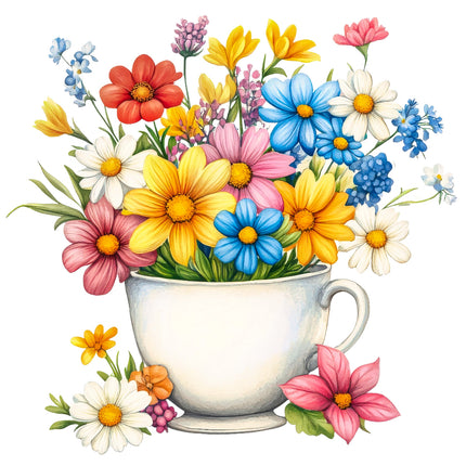 Colorful flowers in a teacup fabric panel