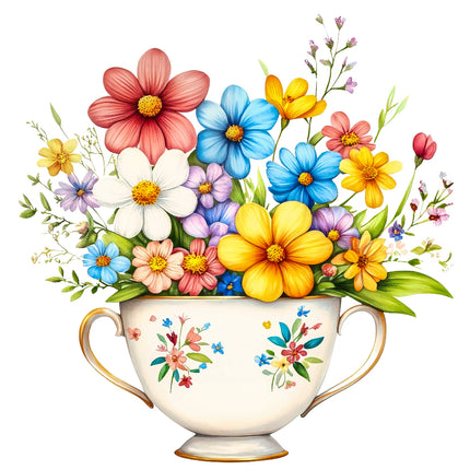Teacup of Flowers 100% Cotton Fabric Panel Block AB988