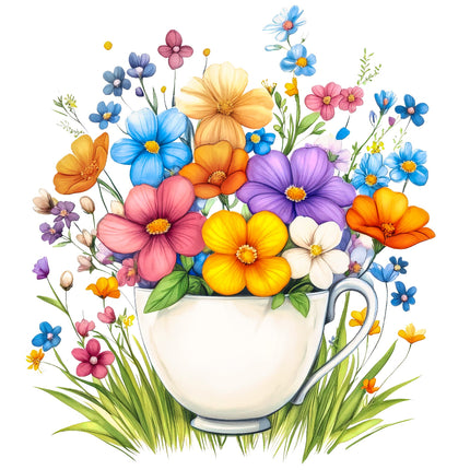 Teacup of Flowers 100% Cotton Fabric Panel Block AB989