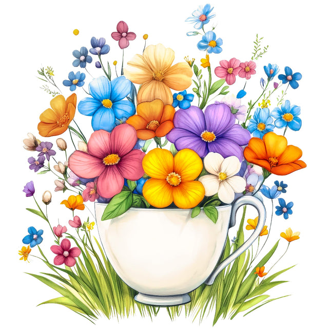 Teacup of Flowers 100% Cotton Fabric Panel Block AB989