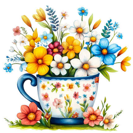 Decorative cup with floral design and flowers spilling out fabric panel