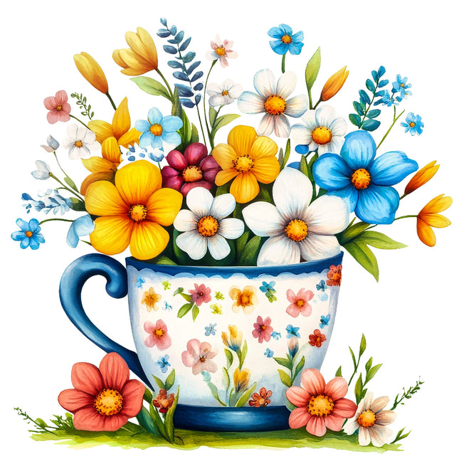 Decorative cup with floral design and flowers spilling out fabric panel