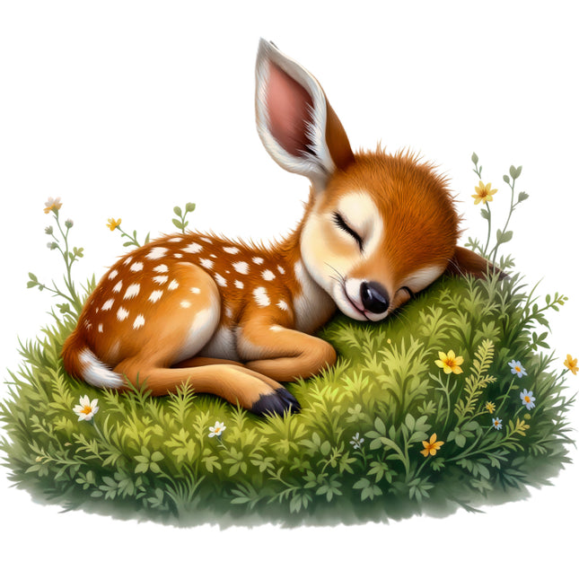 Sleeping baby deer in a grassy field with flowers quilt block