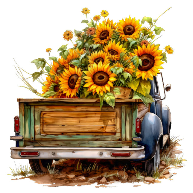 Wooden truck bed filled with sunflowers fabric panel