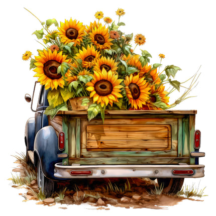 Vintage truck with a wooden bed filled with sunflowers fabric panel
