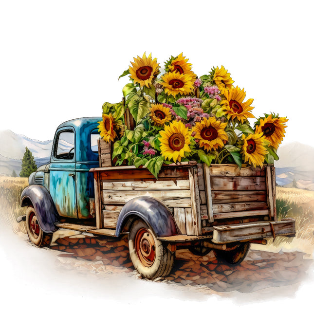 Vintage truck with a wooden bed filled with sunflowers fabric panel