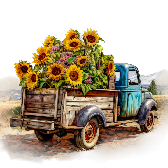 Vintage truck with a wooden bed filled with sunflowers quilt panel