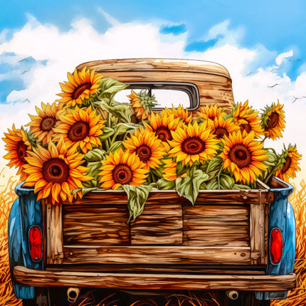 Wooden truck filled with sunflowers against a blue sky with clouds fabric panel
