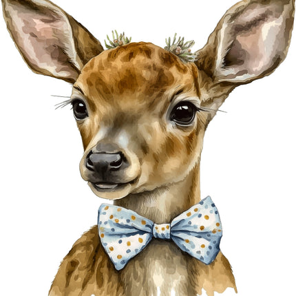 Deer with a blue polka dot bow tie quilt panel