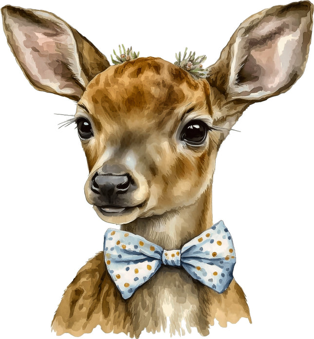 Deer with a blue polka dot bow tie quilt panel