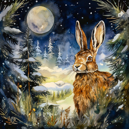 Painting of a rabbit in a forest with a full moon and snowy landscape fabric panel