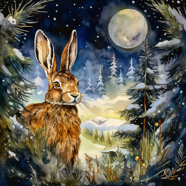 Painting of a rabbit in a snowy forest with a full moon fabric panel