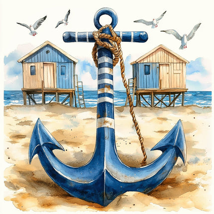 Blue anchor with rope on a beach with two wooden huts and seagulls in the sky fabric  panel