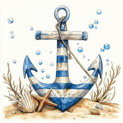 Decorative anchor with blue and white stripes, surrounded by underwater elements like shells and starfish on a white background.