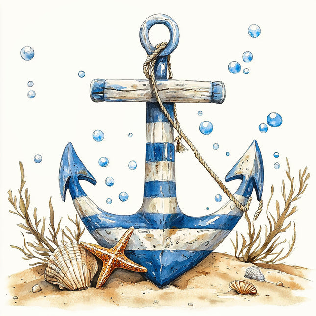 Decorative anchor with blue and white stripes, surrounded by underwater elements like shells and starfish on a white background.