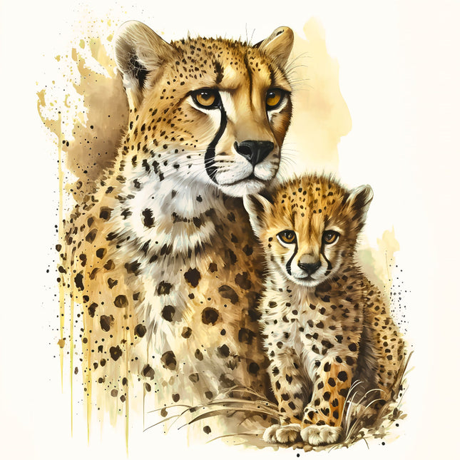Painting of a cheetah and its cub quilt panel