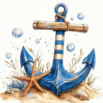 blue anchor with wooden handle, surrounded by bubbles, seaweed, and a starfish fabric panel