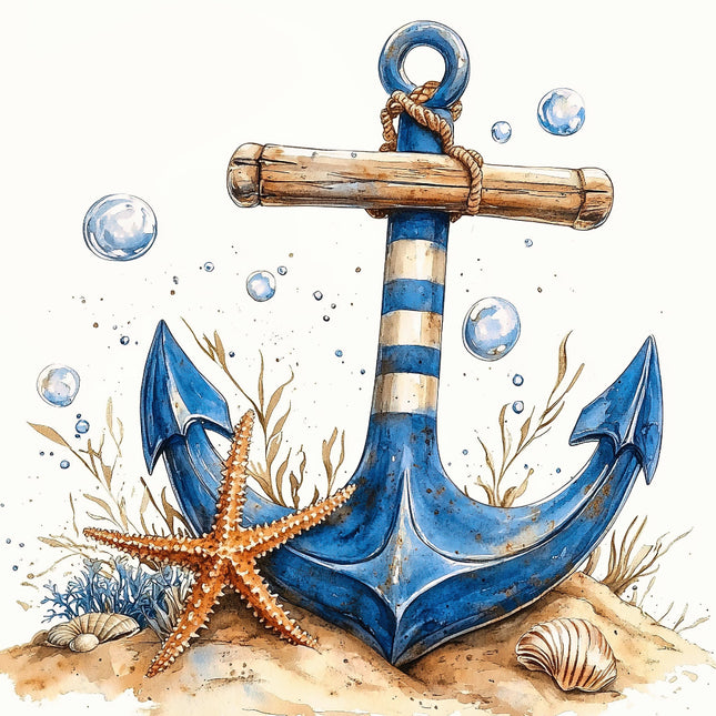 blue anchor with wooden handle, surrounded by bubbles, seaweed, and a starfish fabric panel