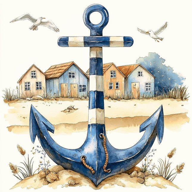 Large blue anchor on a beach with houses and birds fabric panel