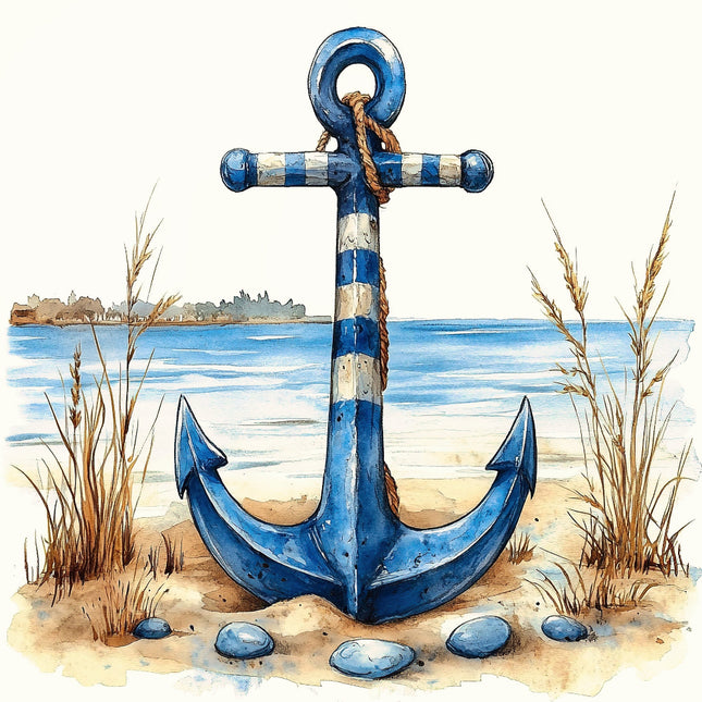 Blue anchor on a beach fabric panel