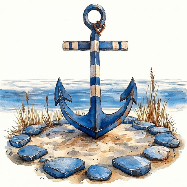 Blue anchor on a beach with rocks quilt panel