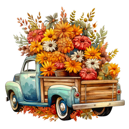 Vintage truck filled with a large bouquet of colorful flowers fabric panel