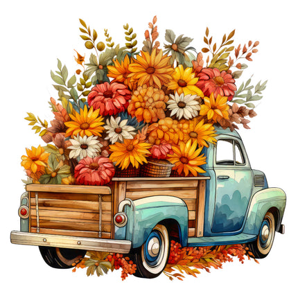 Vintage truck with a wooden bed filled with autumn flowers quilt panel