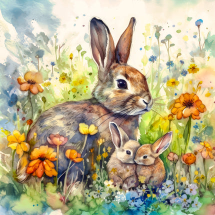 Watercolor painting of a rabbit and two baby rabbits among flowers fabric panel