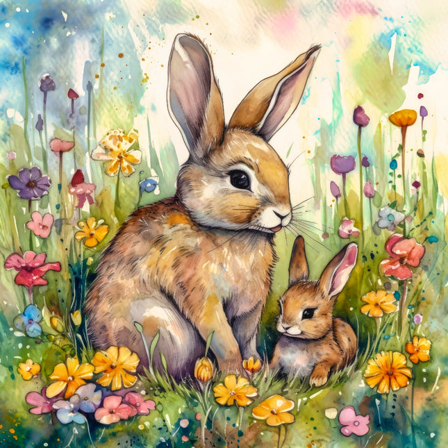 Two rabbits in a field of flowers fabric panel