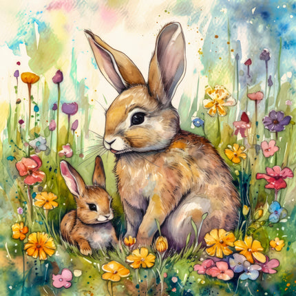 Two rabbits in a field of flowers quilt panel
