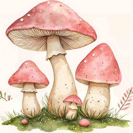 three pink mushrooms quilt panel