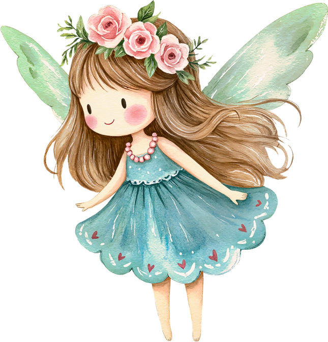 fairy with green wings and a blue dress quilt block