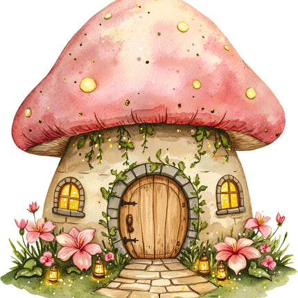 mushroom-shaped house quilt panel