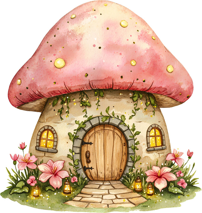 mushroom-shaped house quilt panel