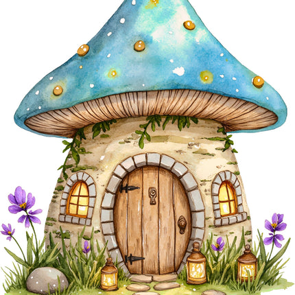 Fantasy mushroom-shaped house quilt panel